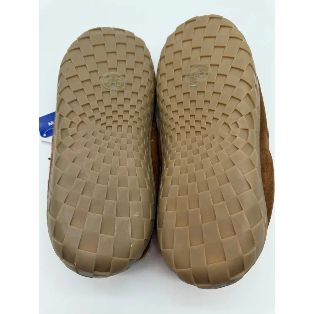 Mens Brown Faux Suede Moccasin Slippers Trim Faux Fur Lined Size 12 NEW